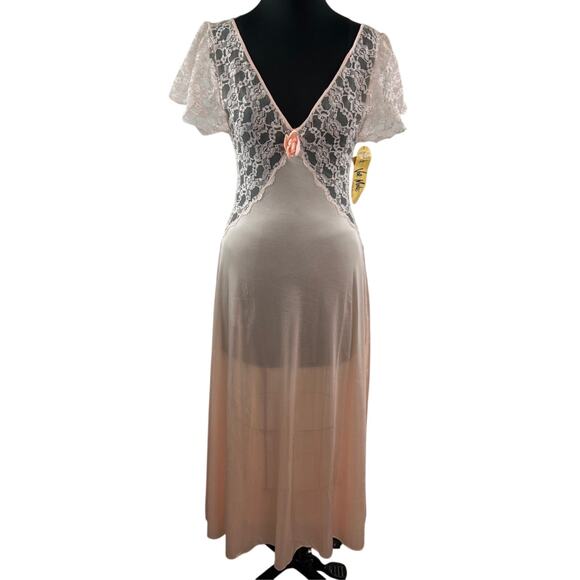 VINTAGE Val Mode Pink Sleep Dress Floral Sheer Lace Deep V-Neck Sz Small NEW - Picture 2 of 11